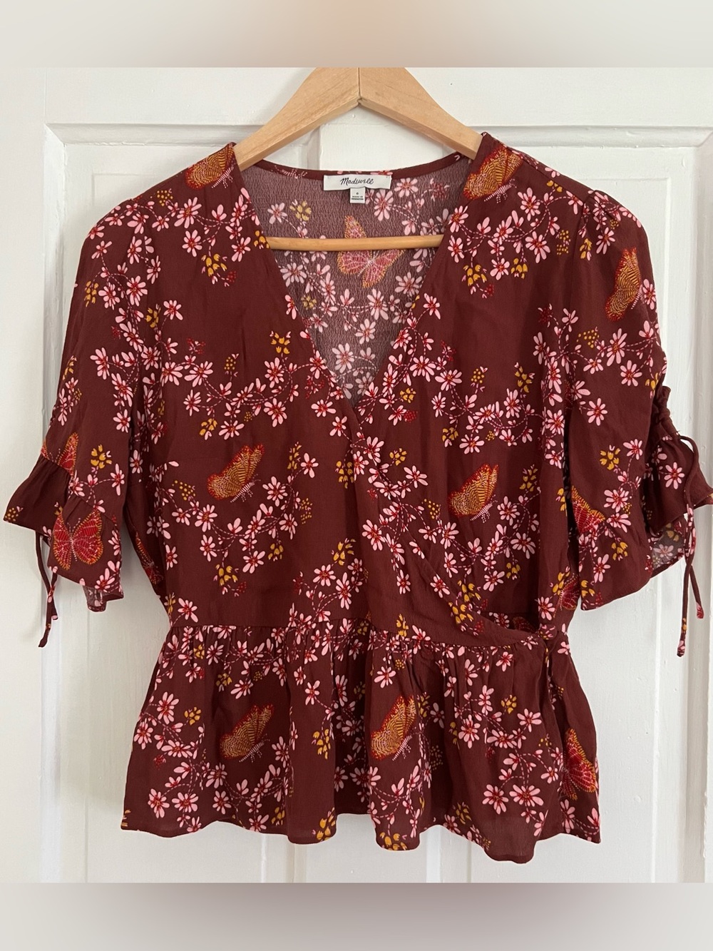 Madewell Sz 0 Butterfly Criss Cross Wrap Cropped Shirt Blouse W/ Flutter Sleeve